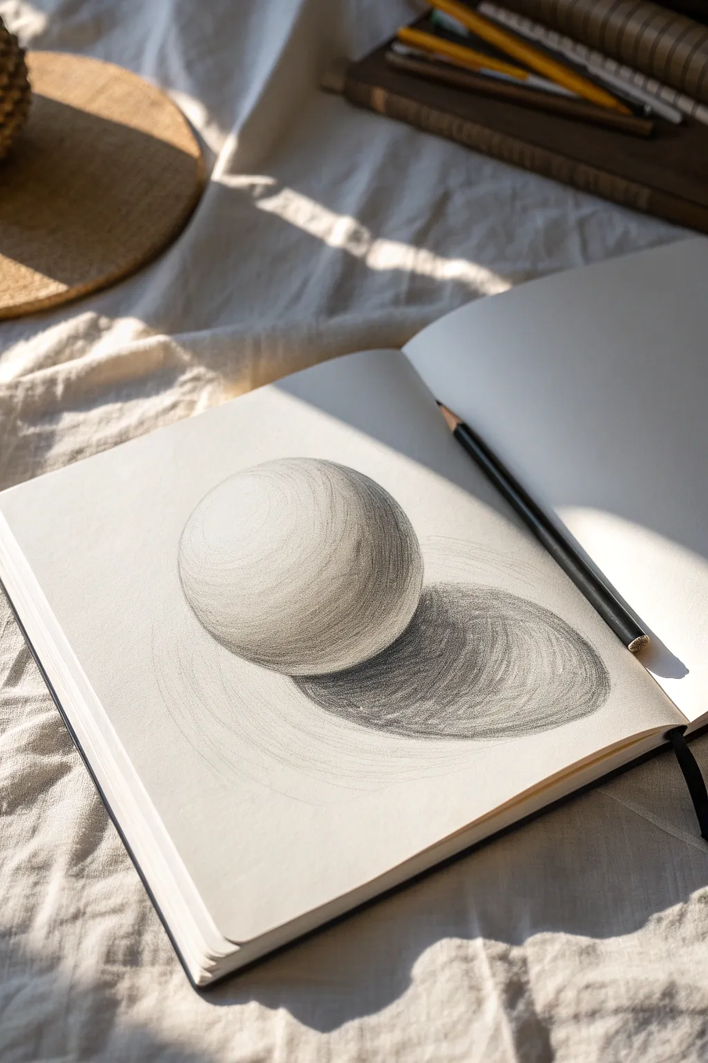Curved hatching wraps the sphere, leaving a crisp highlight and deep layered shadow.