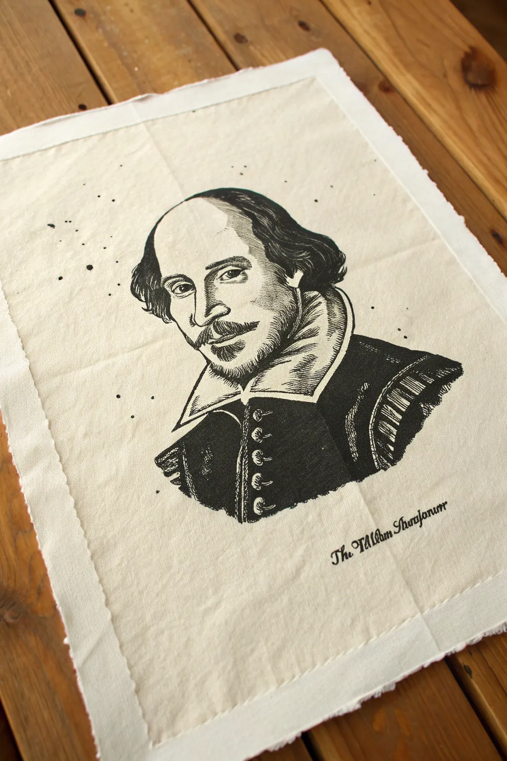 Bold ink Shakespeare portrait with thick-to-thin lines and subtle splatters near the collar