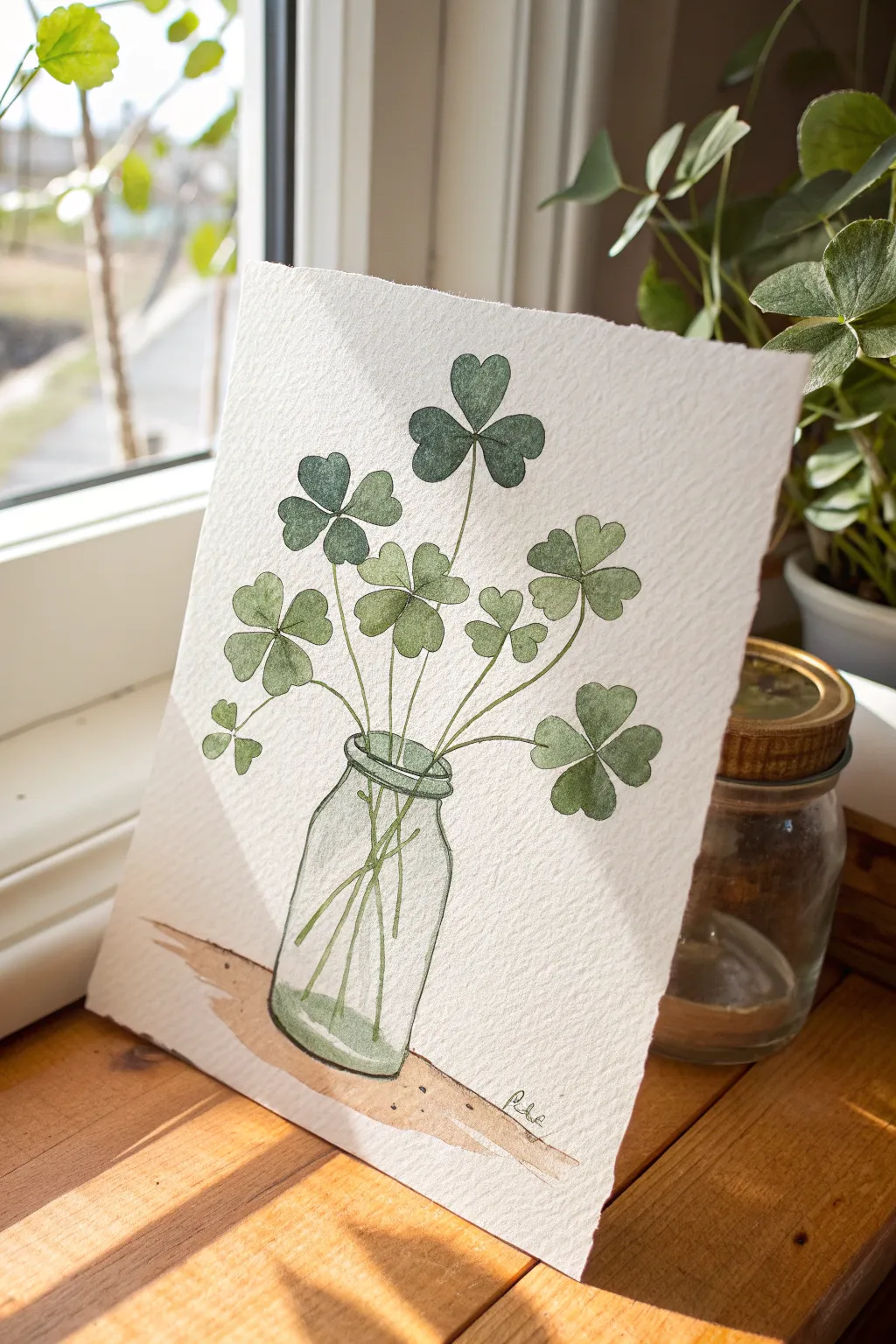 Minimalist shamrock bouquet in a mason jar, soft watercolor look for cozy seasonal kitchen decor.
