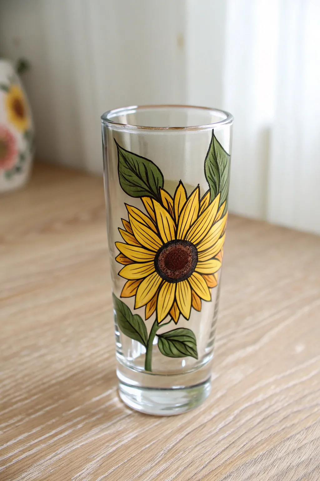 Bold sunflower on a shot glass, crisp and bright against a calm Scandinavian tabletop scene