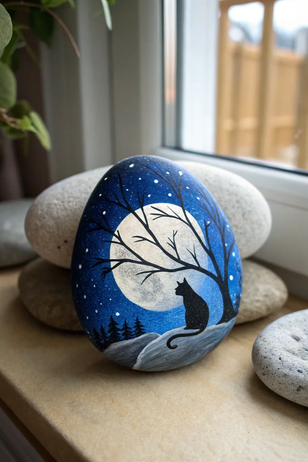 Cat on a moonlit branch rock painting idea in deep blue gradient, minimalist Scandinavian boho night