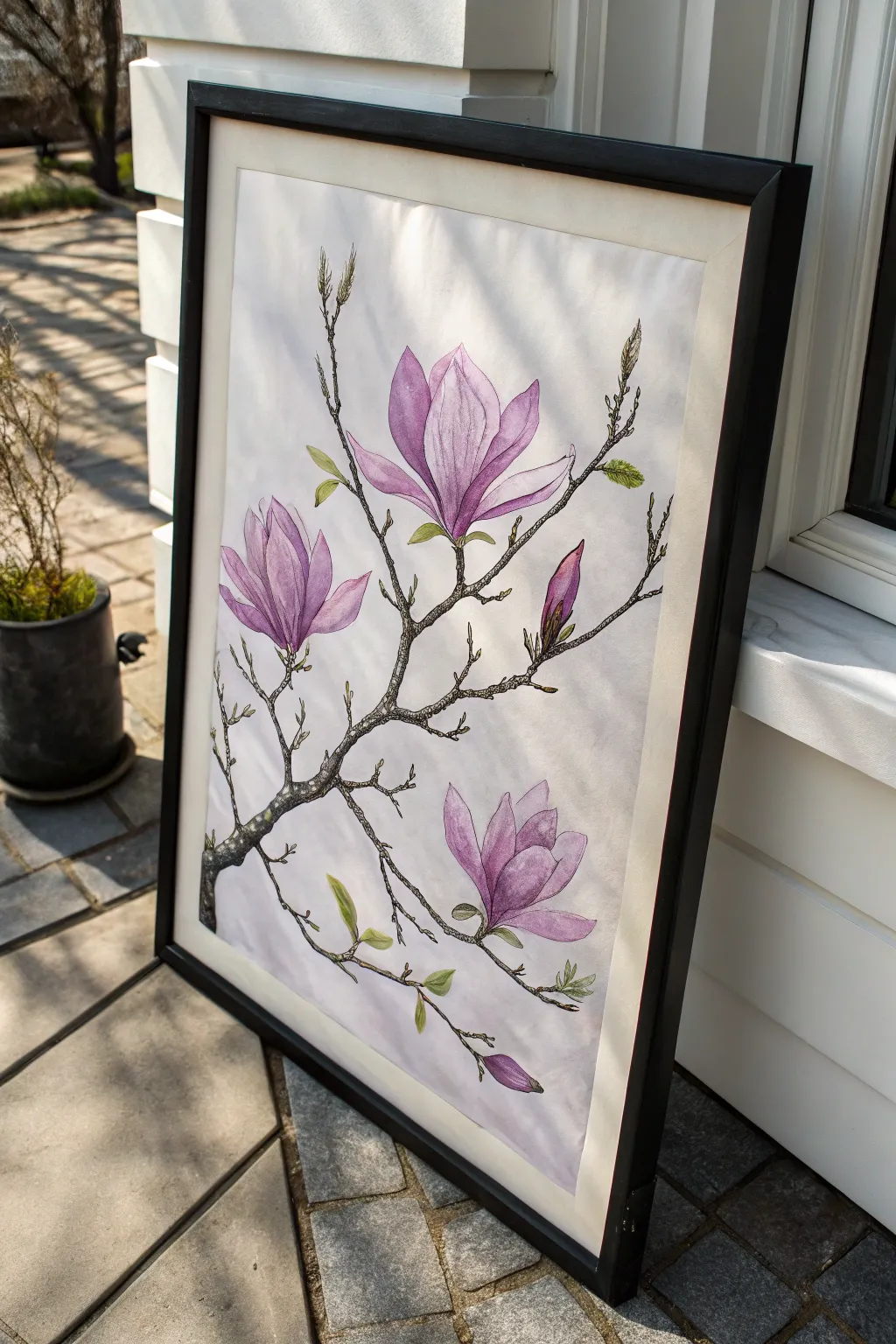 Elegant magnolia silk painting with soft violet shadows and luminous sheen, minimalist calm.