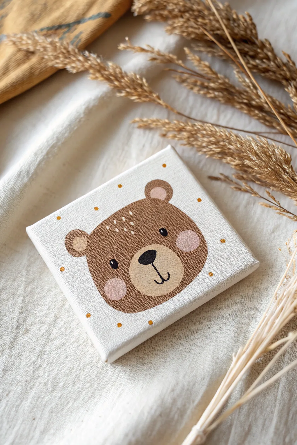 Paint a tiny bear face with circles on a mini canvas for an instant cute, minimalist artwork.