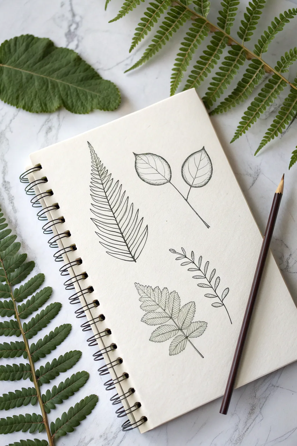 Repeatable leaf silhouettes in simple black line art, perfect for calm minimalist doodling.