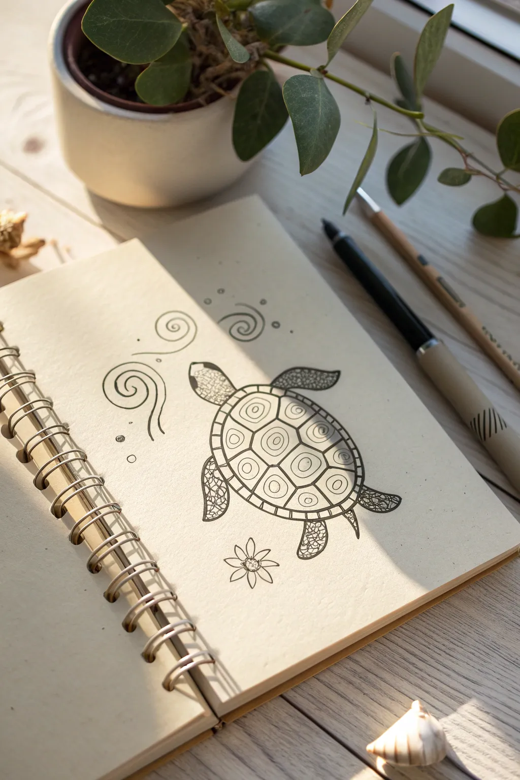Tiny turtle doodle with a patterned shell, centered on clean paper for easy drawing practice