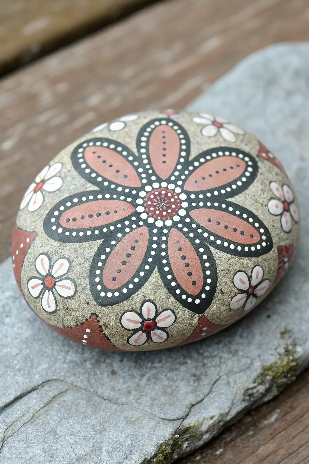 Dot flower rock painting in soft boho hues, simple circles that pop on a clean linen backdrop.