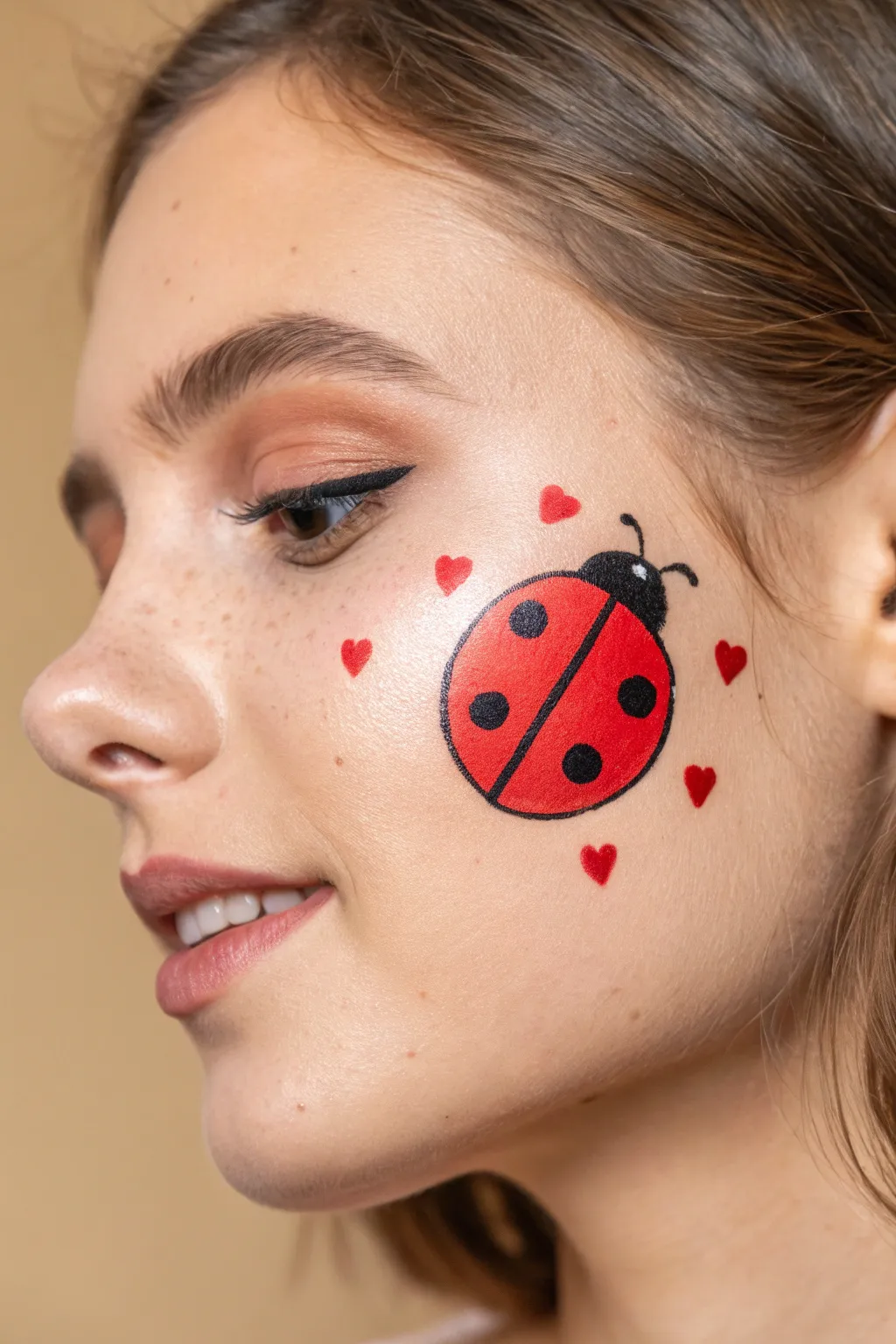 Sweet ladybug cheek dot with tiny hearts, crisp black outline and bright red contrast