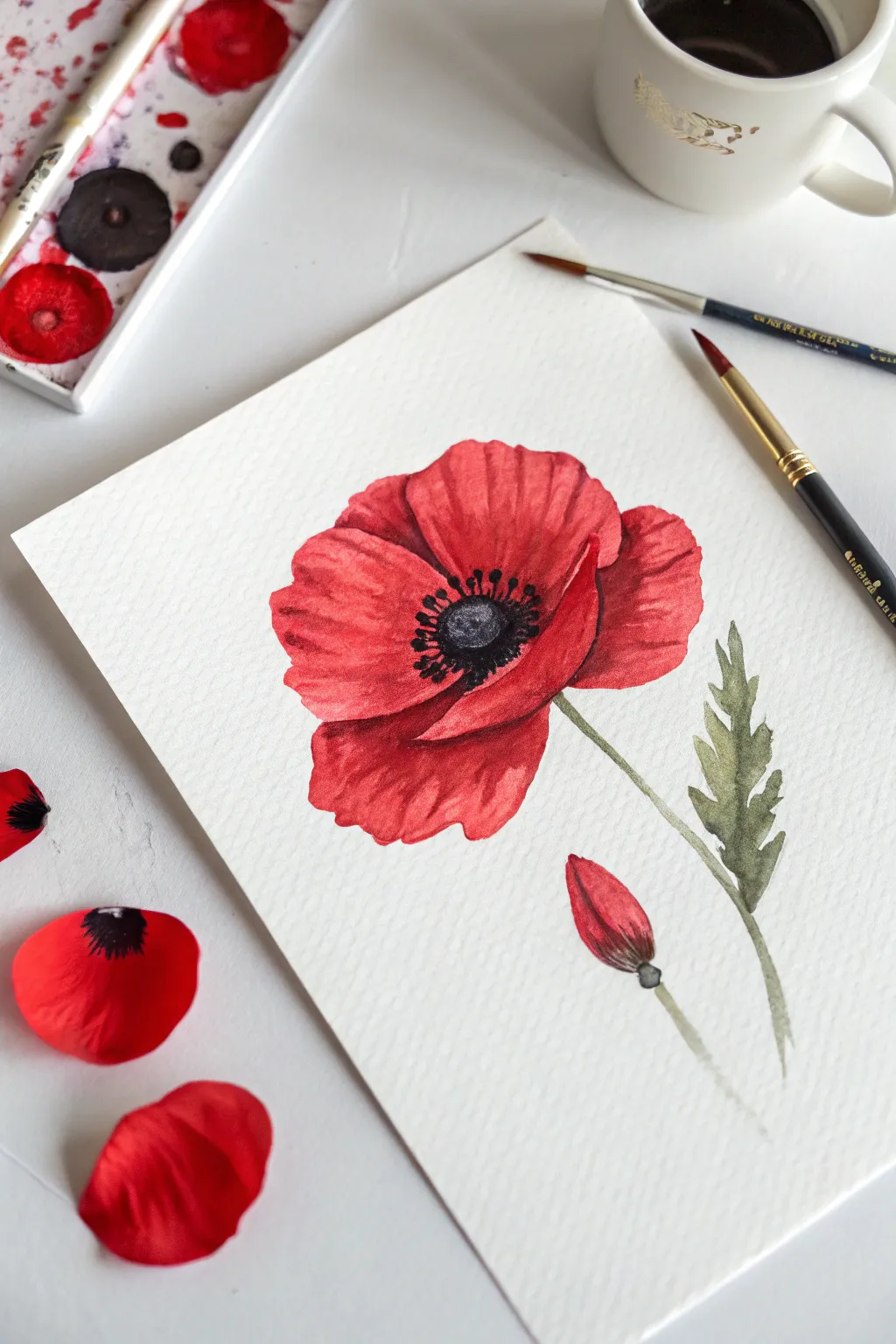 Bold four-petal poppy in progress on white paper, a quick minimalist flower painting idea