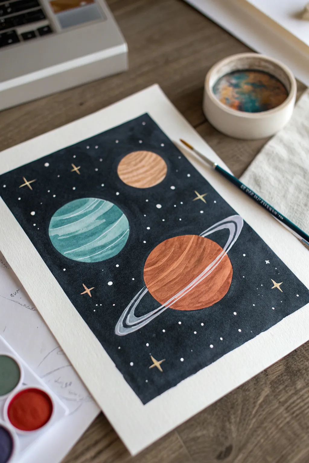 Minimalist outer space planets with bold circles, tiny stars, and a simple ring in high contrast.