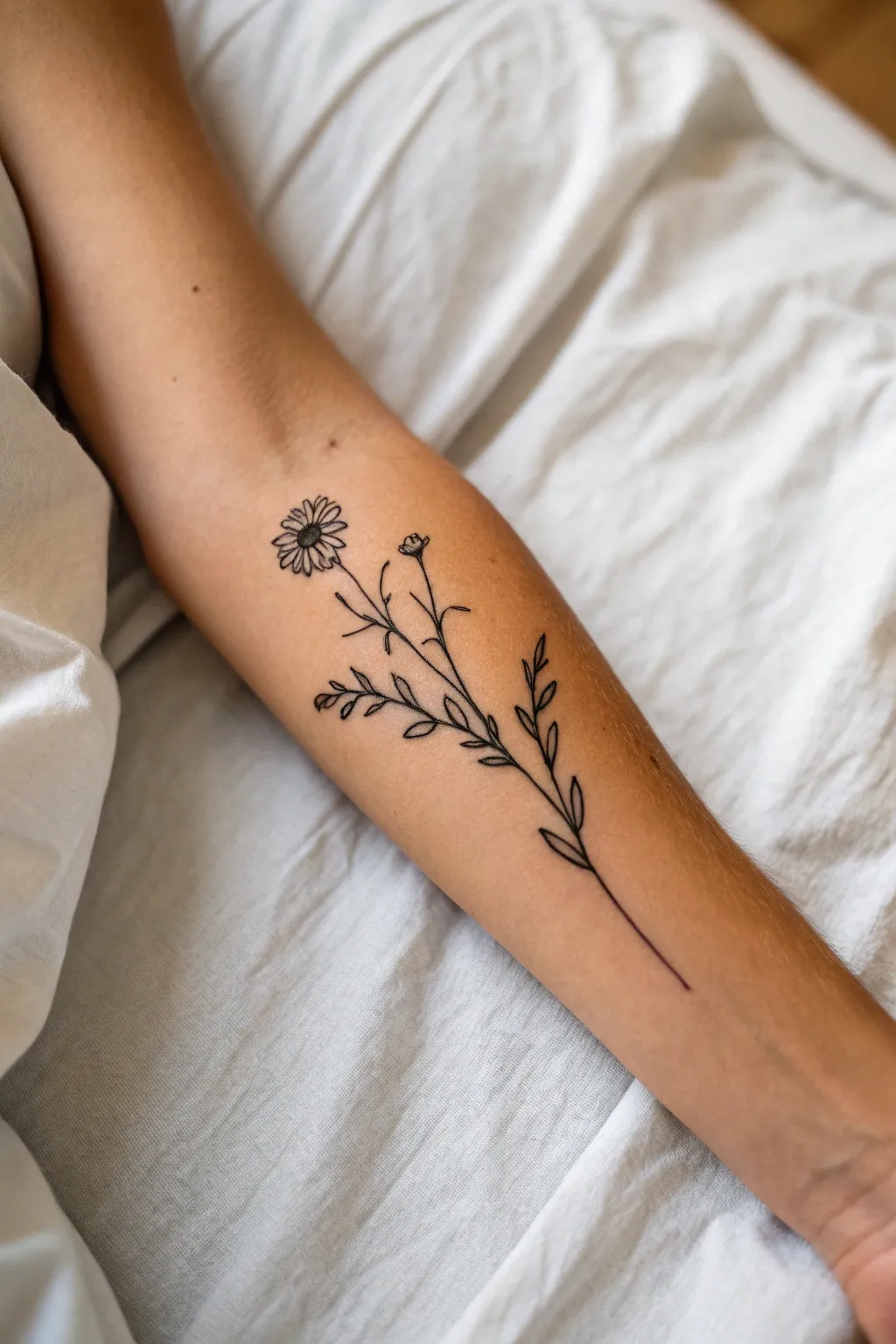 Minimal wildflower sprig tattoo, fine line and airy, perfect for a soft minimalist vibe