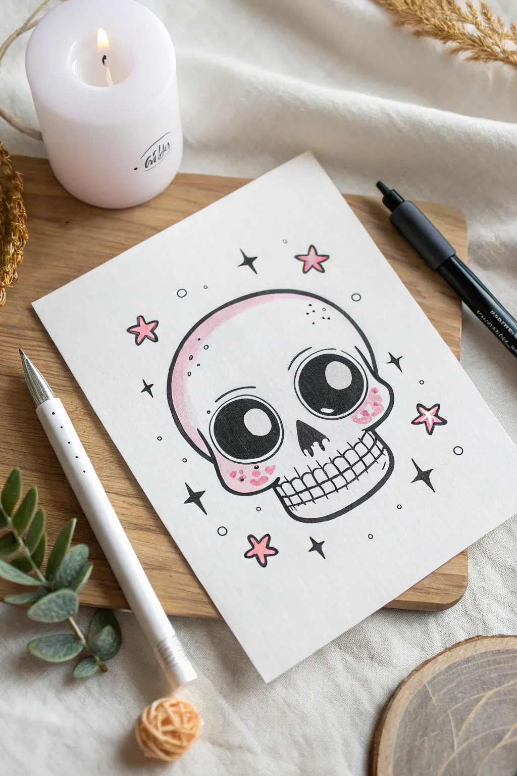 Smiling big-eyed cartoon skull in clean minimalist linework with soft sparkles and contrast.