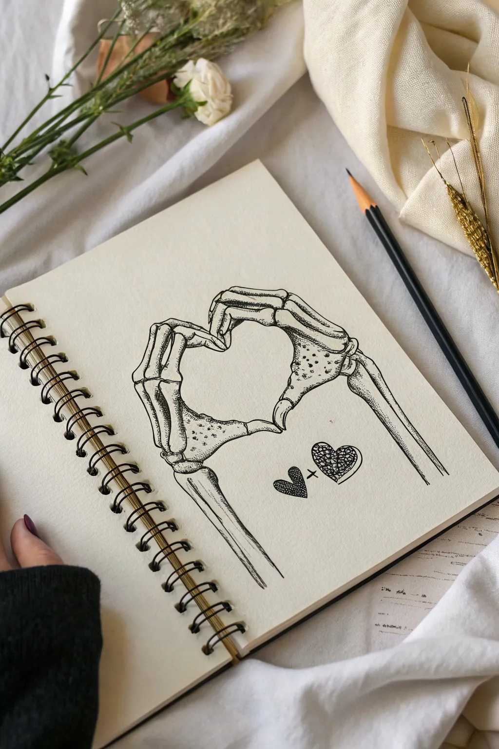 Two skeleton hands forming a heart in clean line art, minimalist Scandinavian with soft boho mood