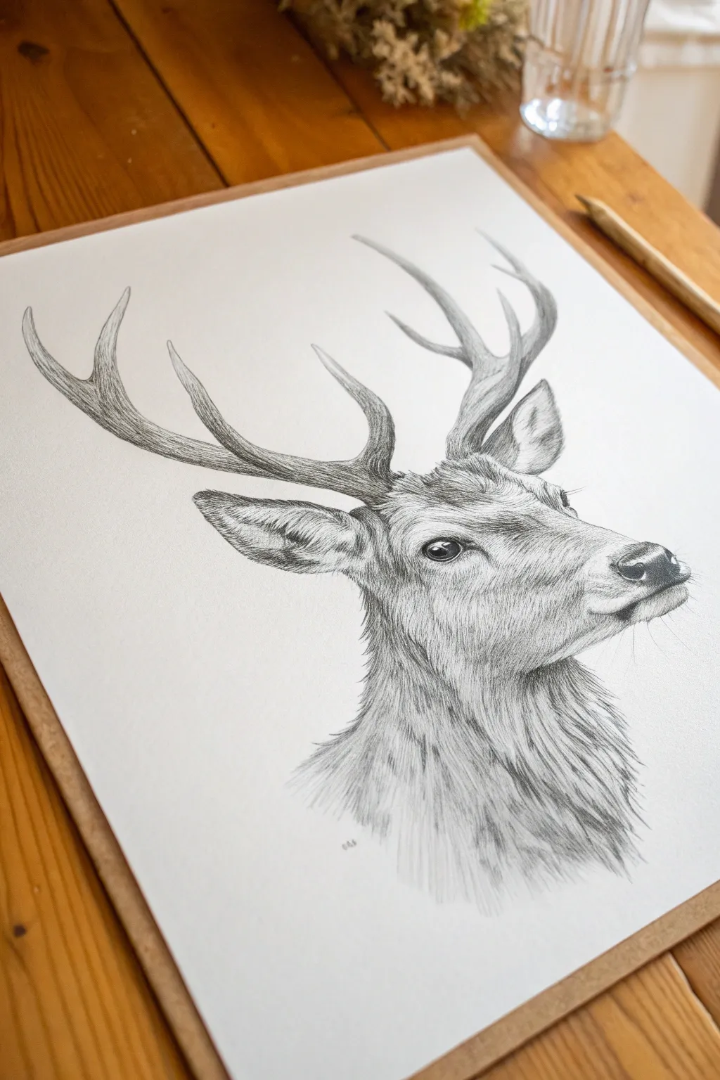 Deer portrait sketch with textured antlers and soft muzzle shading in a clean minimalist style