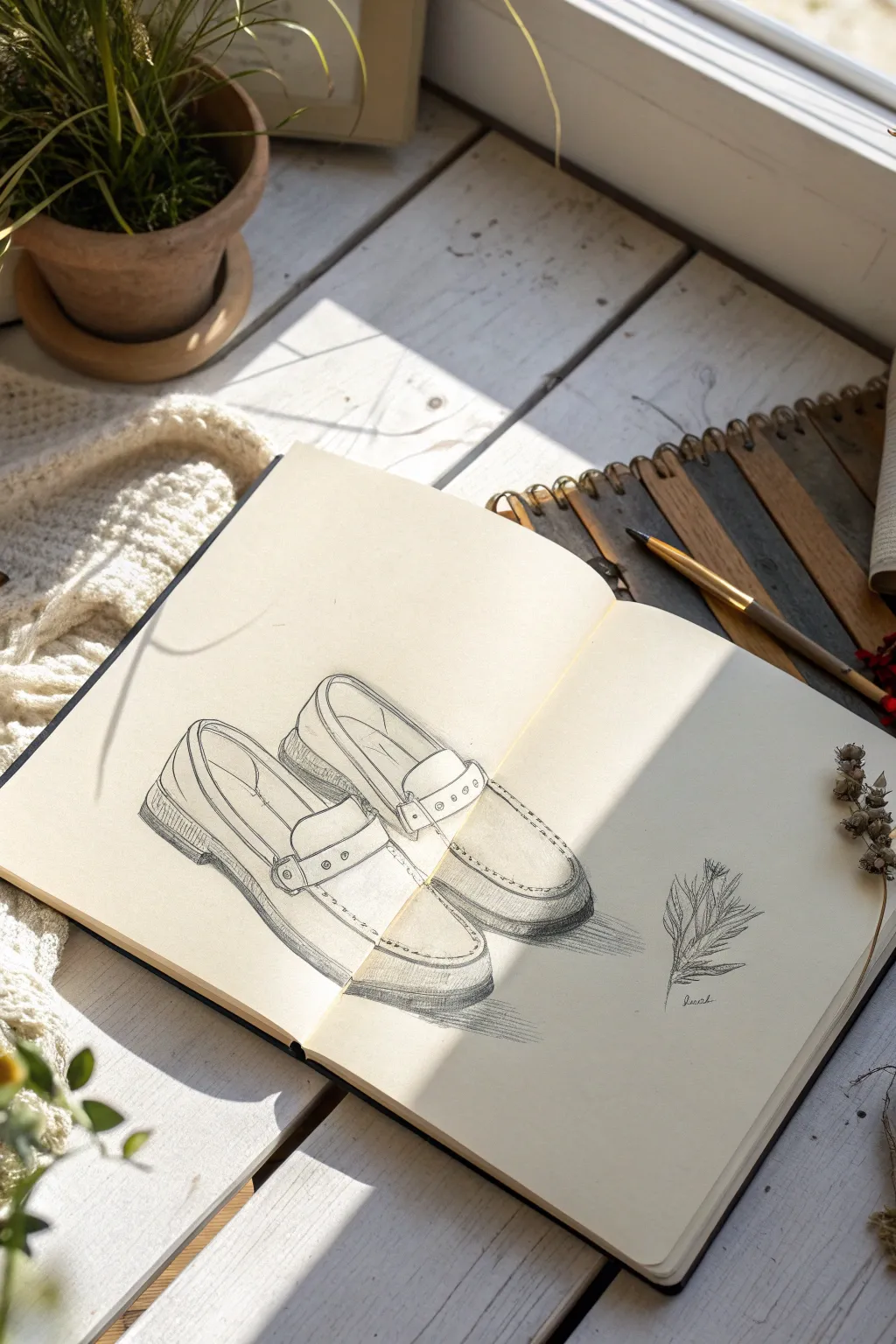 Minimalist shoe sketch idea with gentle hatching, soft creases, and believable perspective.