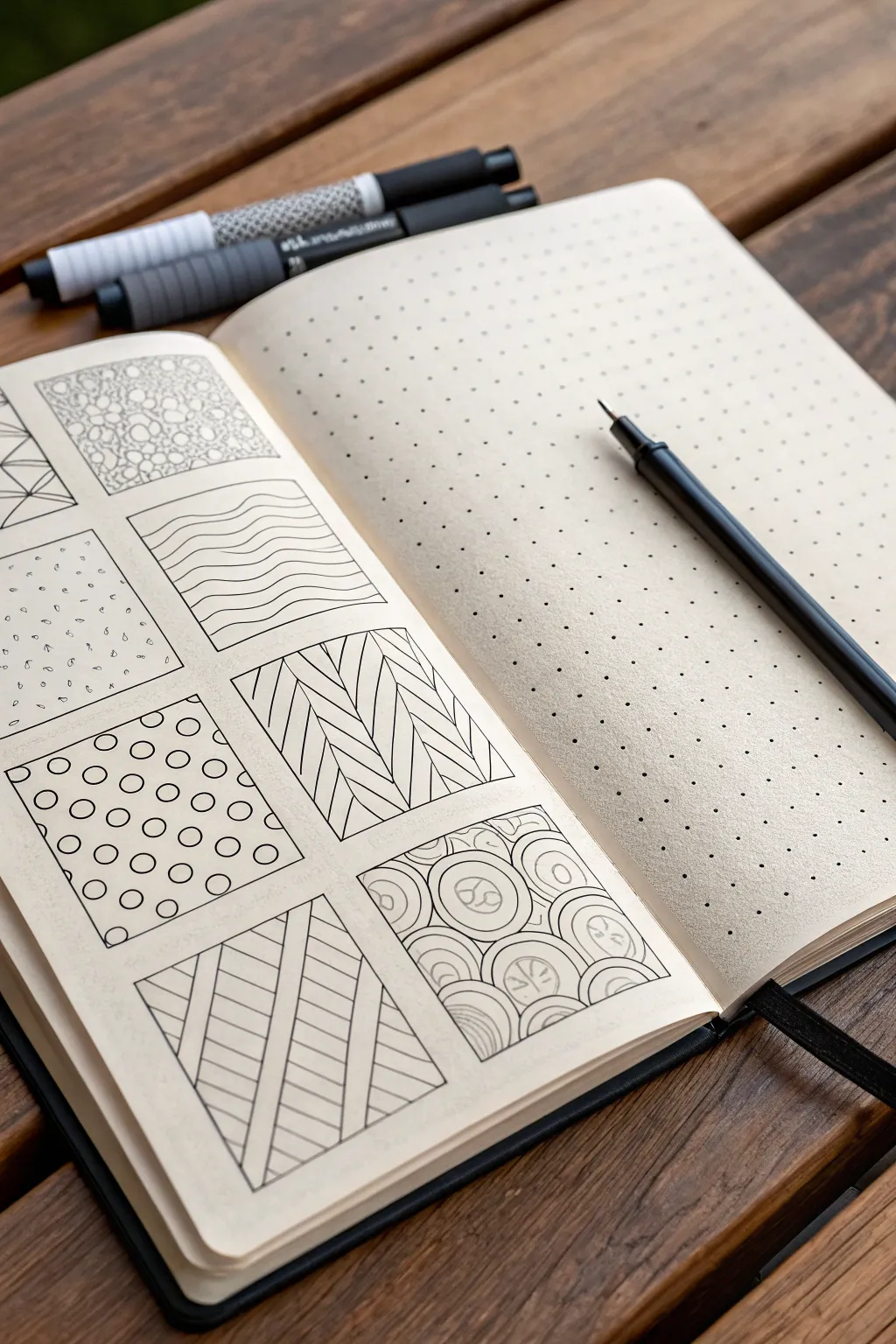 Playful pattern and texture sampler spread to spark simple, modern sketchbook practice.