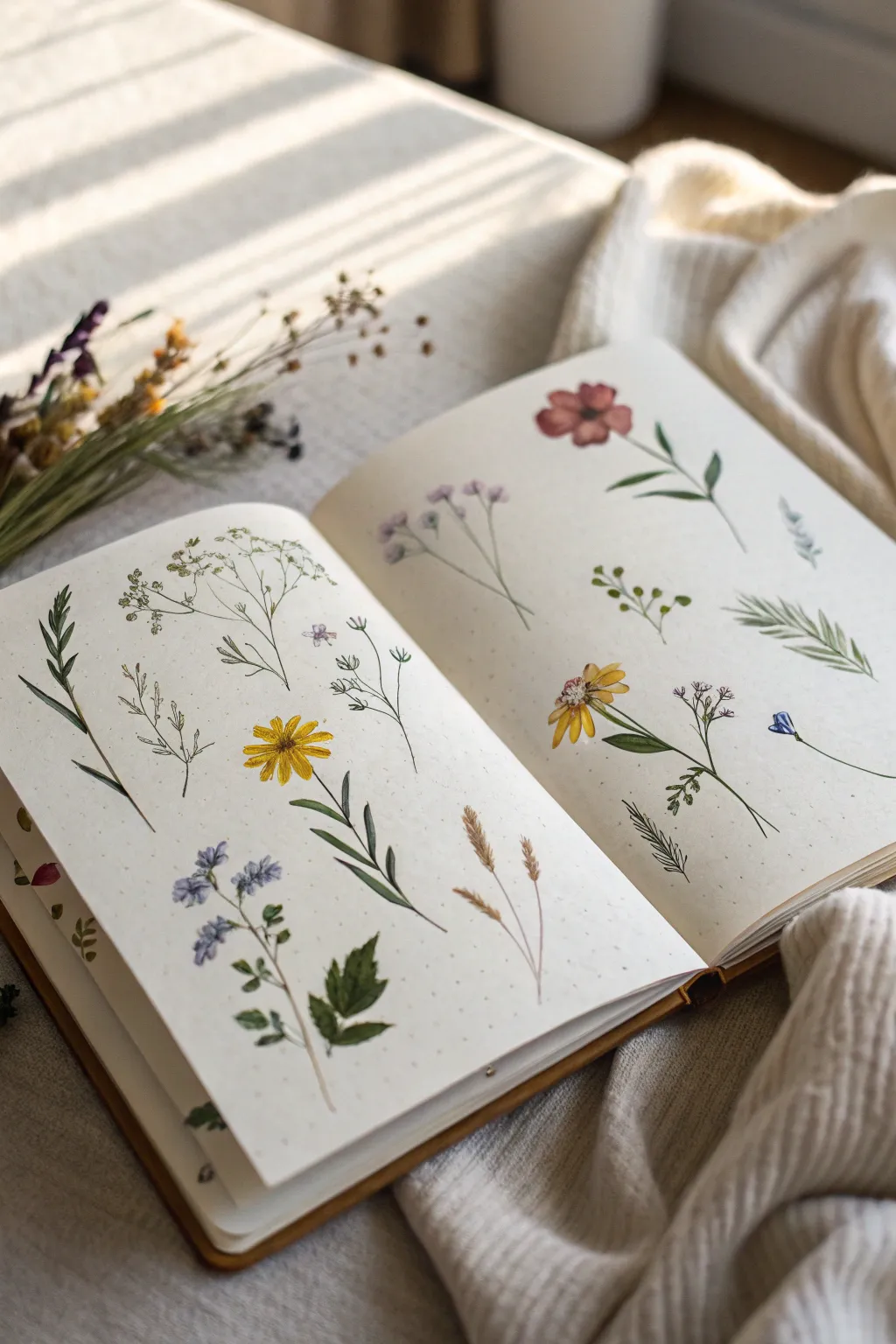 Fill your sketchbook with airy wildflower minis, simple brushstrokes and lots of calm white space.