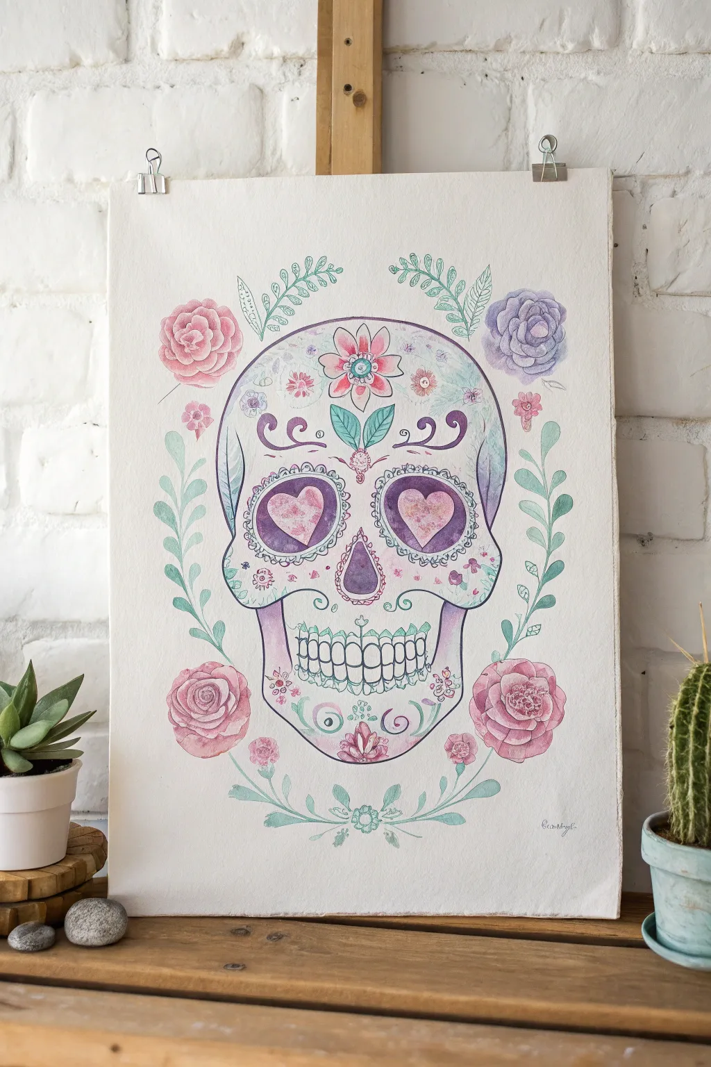 Pastel sugar skull with delicate florals, airy highlights, and clean minimalist contrast.