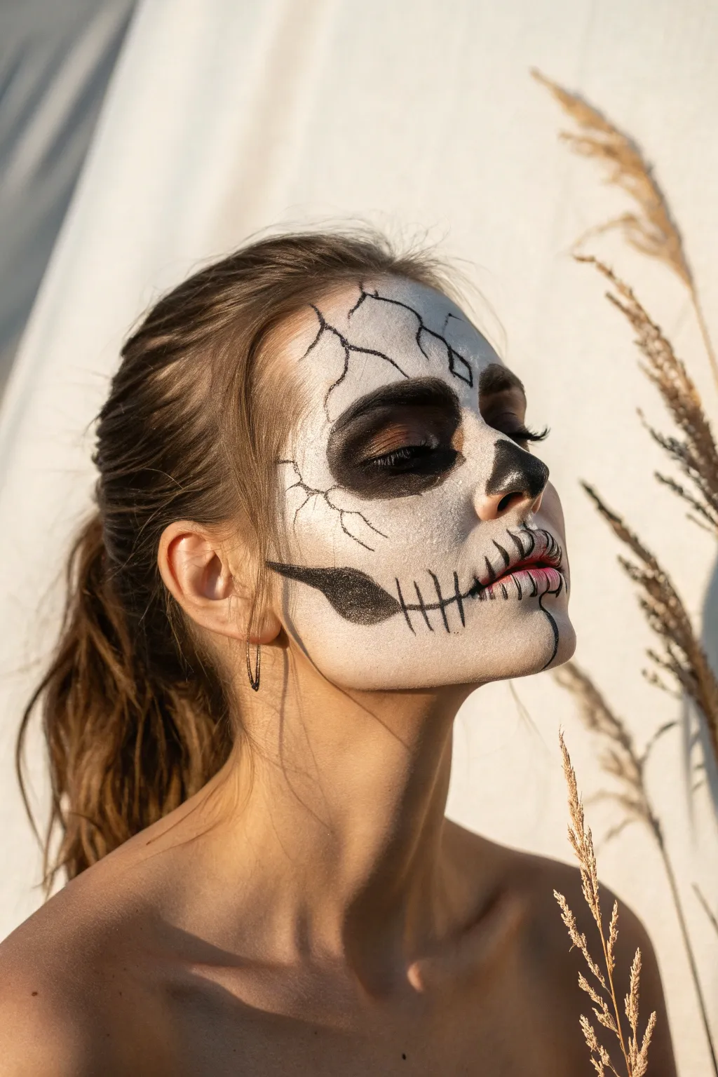 Cracked skull face paint with delicate fissures and dramatic side light for a broken bone illusion