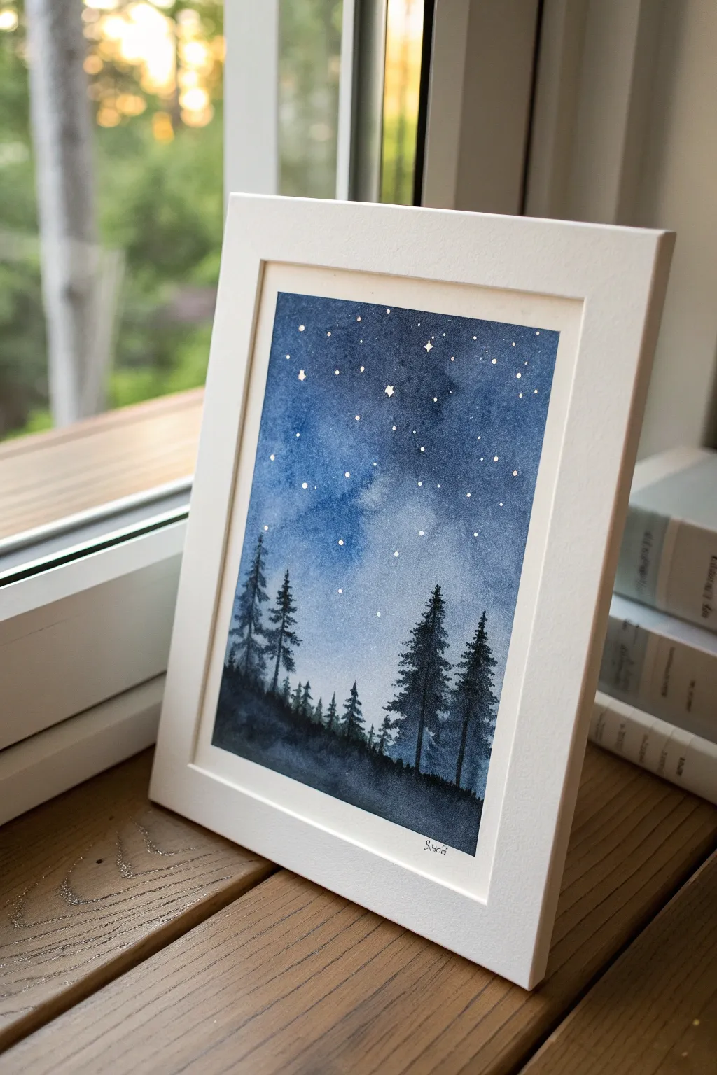 Minimalist indigo night sky wash with splatter stars and a crisp pine silhouette for contrast