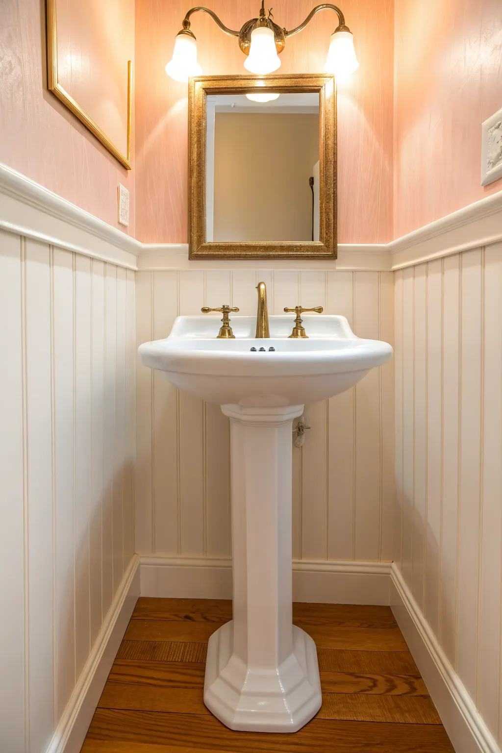 Blush pink walls with creamy whites warm up a small bath for a cozy, modern, softly luxe look.