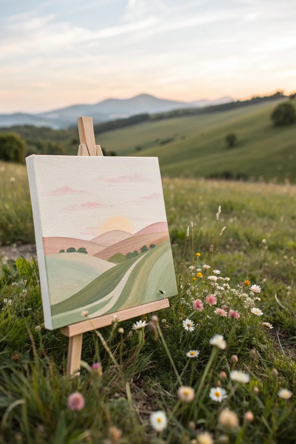Beginner-friendly rolling hills with dotted wildflowers, simple texture on a small canvas.