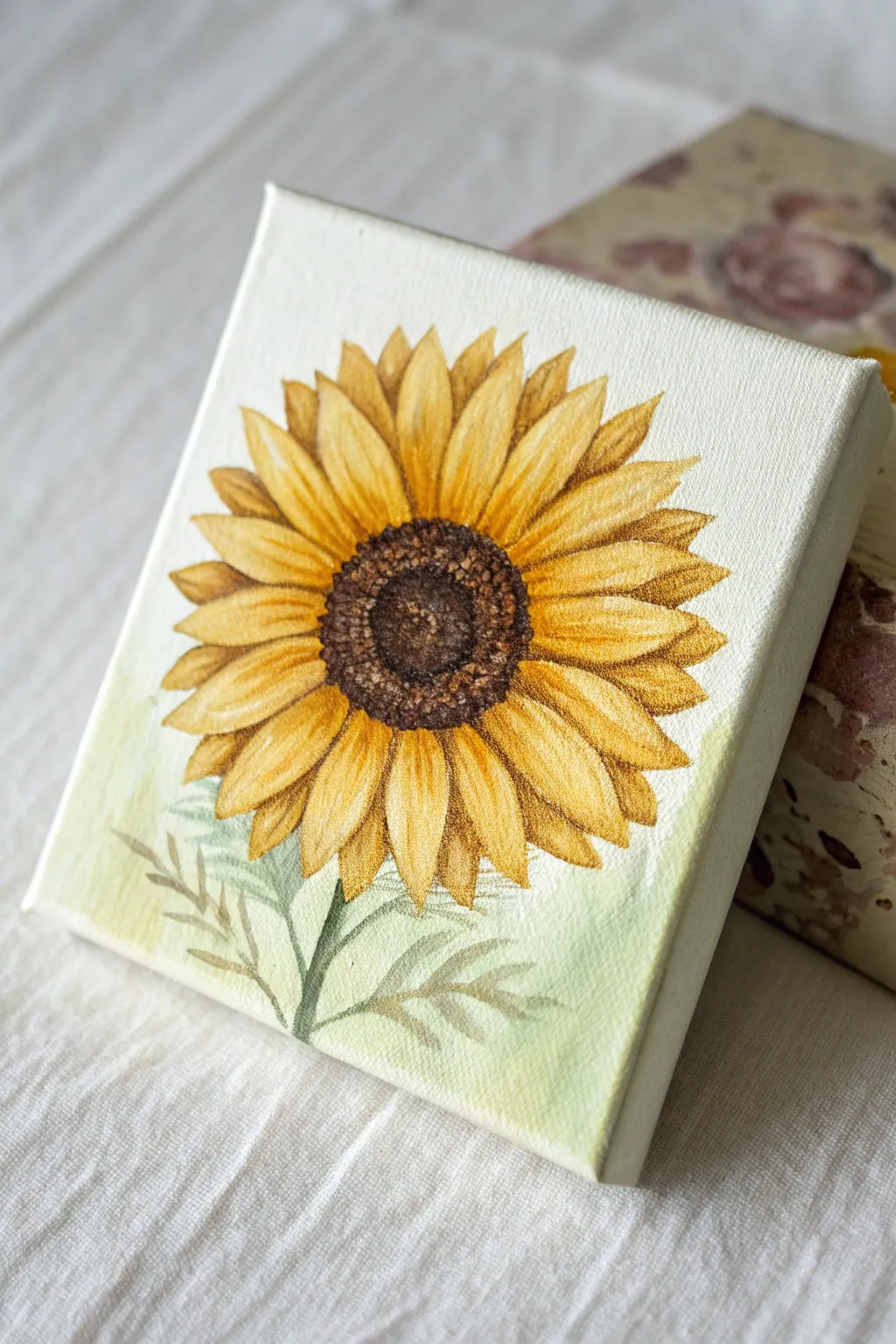 Petite sunflower head study with a textured center, ideal for mini flower painting practice.