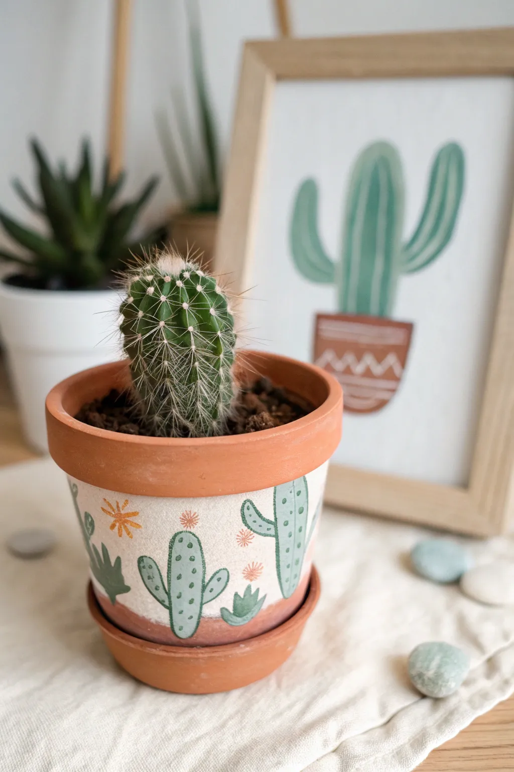 Tiny cactus in a terracotta pot, simple shapes and soft neutrals for an easy mini painting