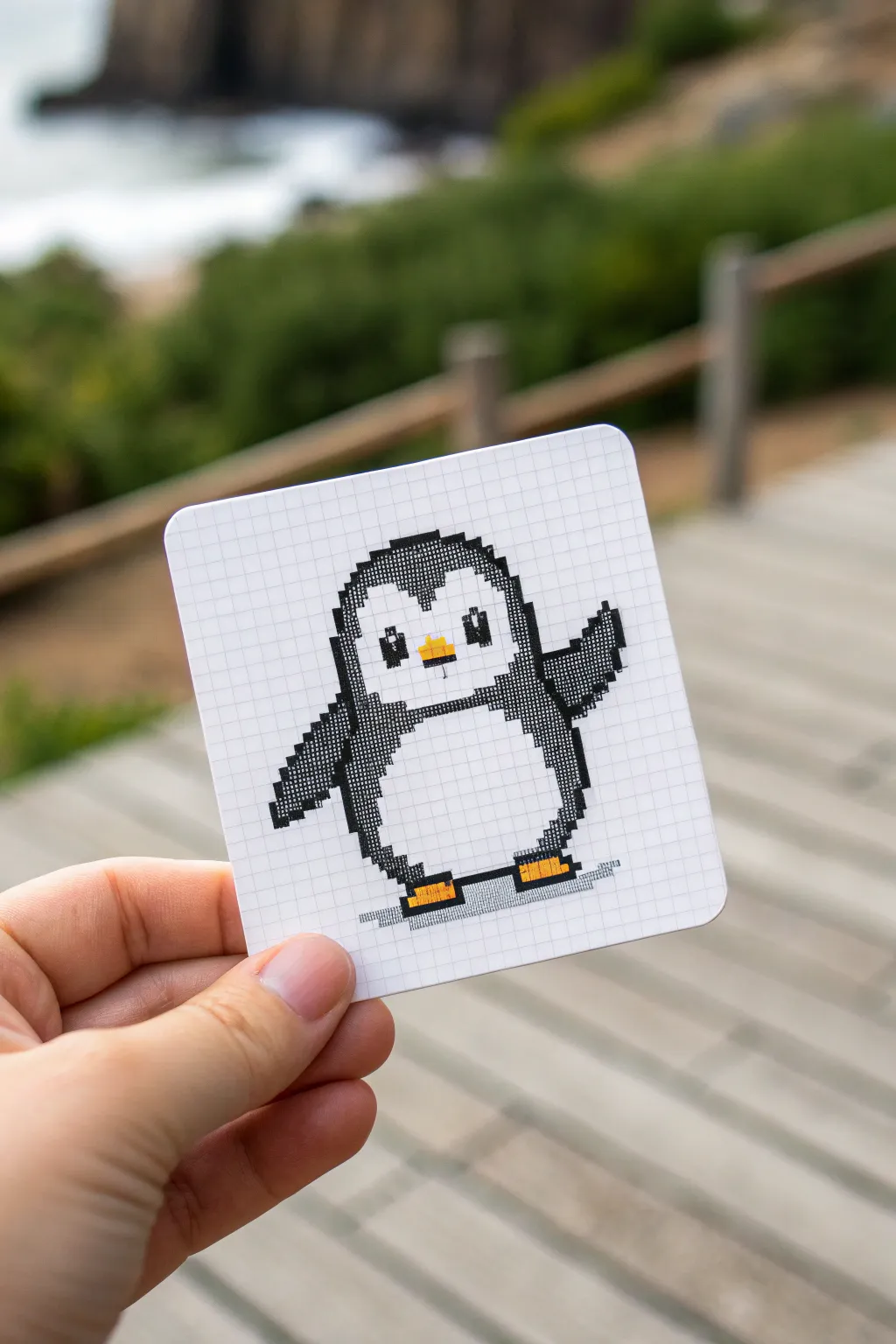 Waving pixel penguin buddy in three colors, crisp contrast and minimalist boho charm