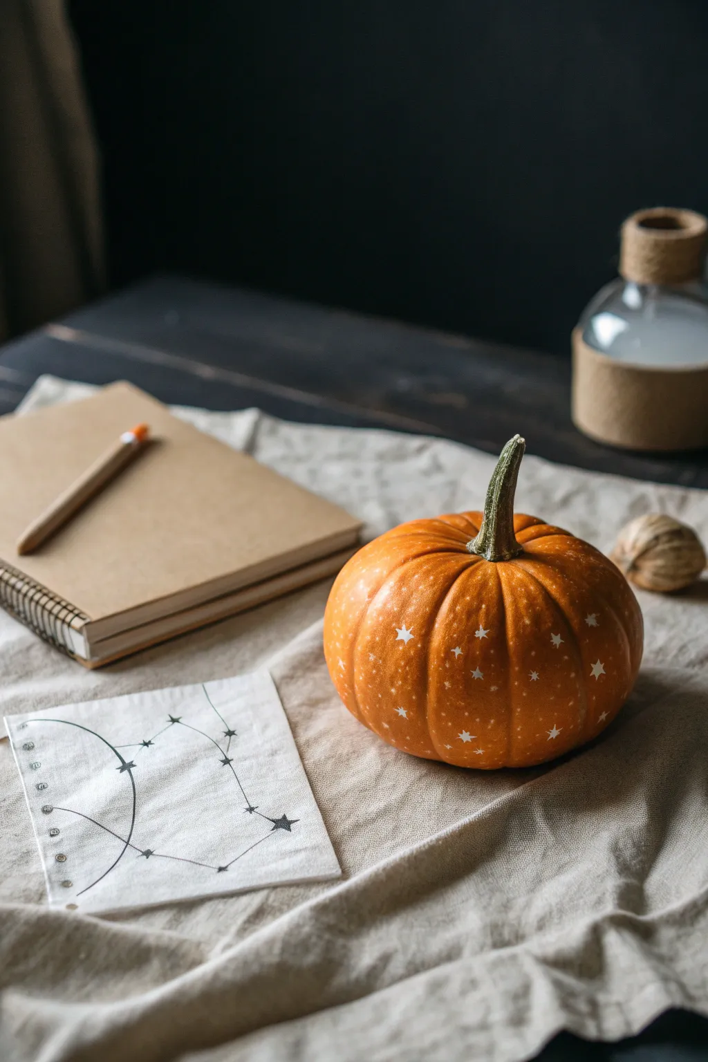 Tiny pumpkin with starry dot constellations, moody light and minimalist sketching vibe