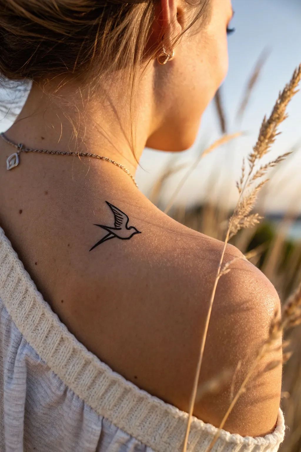 Minimal bird-in-flight tattoo near the collarbone, warm light and airy Scandinavian calm.