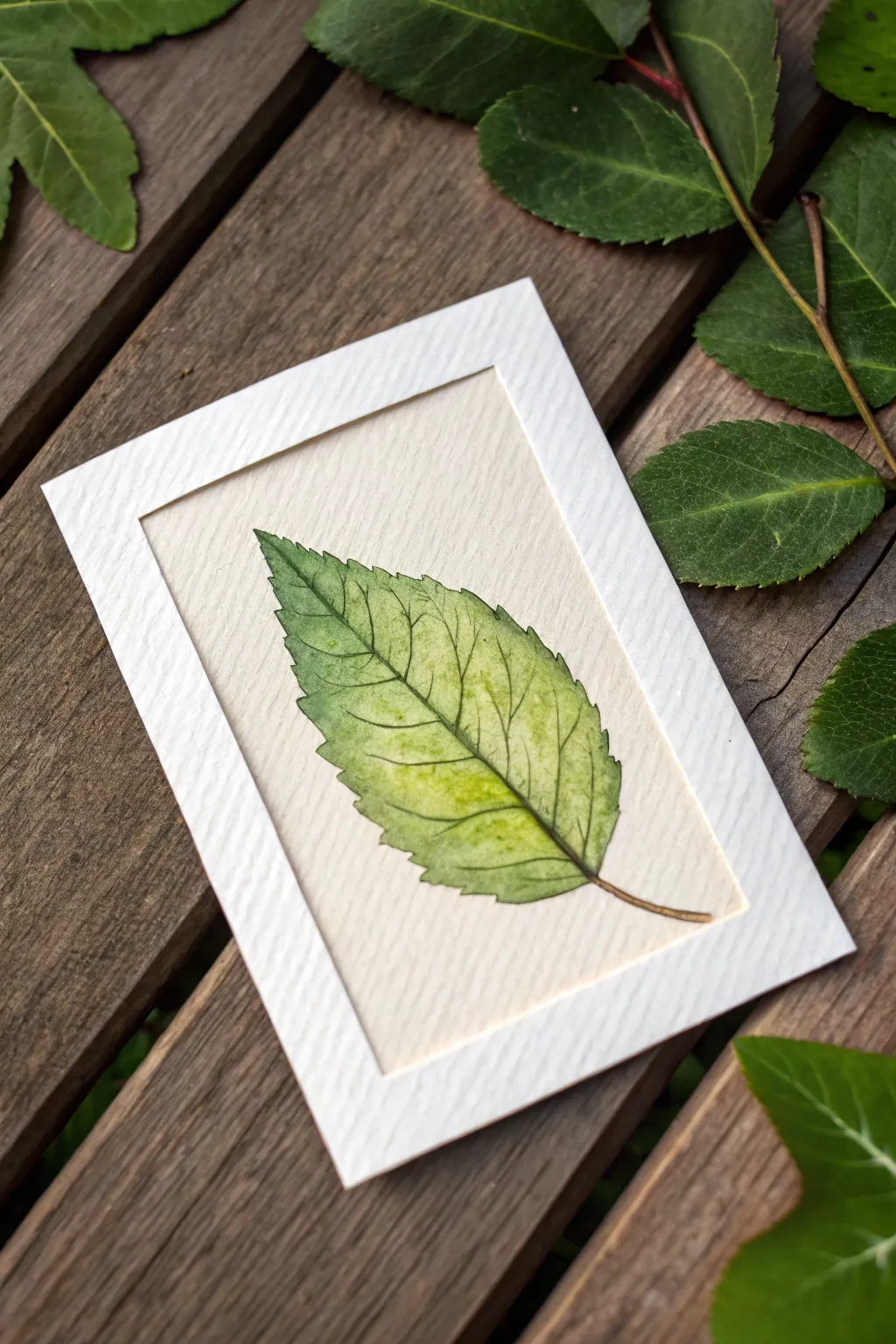 Single-leaf miniature watercolor: fresh green wash, simple veins, charming imperfect edges.