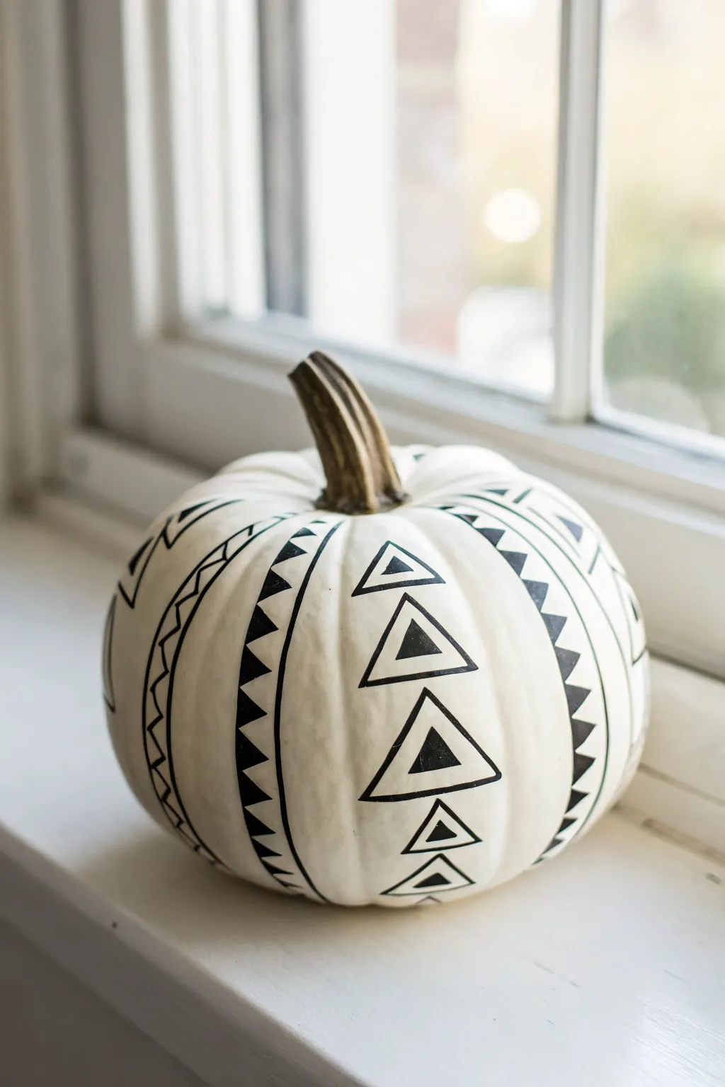 Small white pumpkin with crisp black geometric lines on a bright minimalist white backdrop