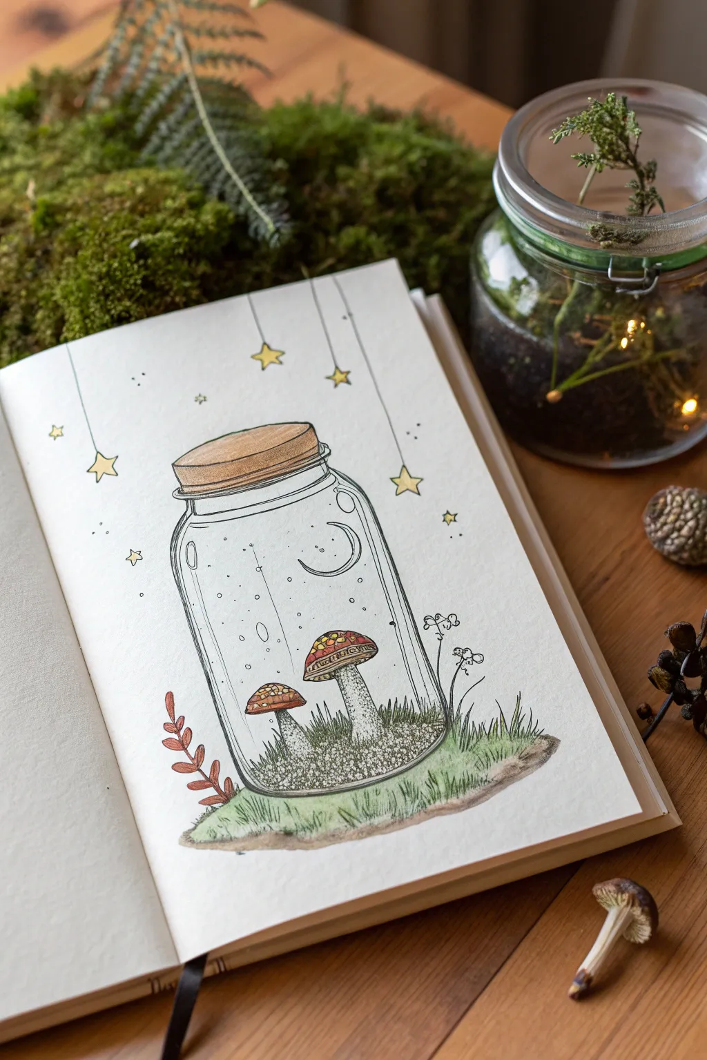A reflective jar sketch holding a tiny mushroom universe and constellations, cozy and minimal.
