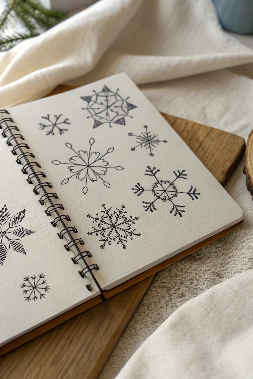 Minimalist snowflake linework study with soft shading for crisp, high-contrast winter drawing.