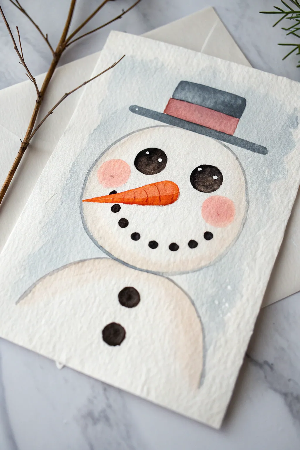 Close-up snowman face study with rosy cheeks and a shaded carrot nose in minimalist winter style.