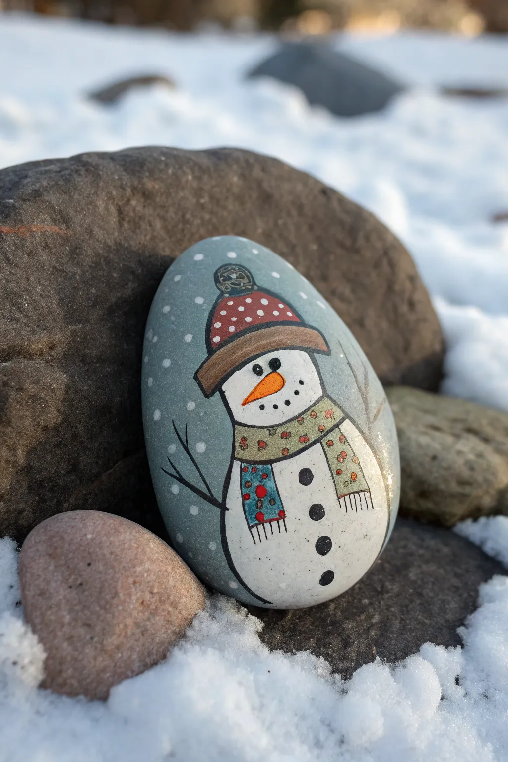Polka-dot snowman rock with pointillist snowfall, Nordic minimal styling and bold contrast