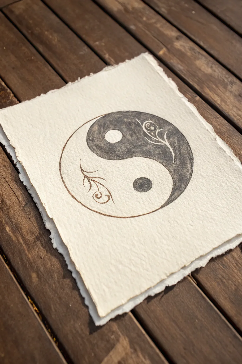 Yin and yang soulmates: two lovers curled into one balanced circle of light and shadow.