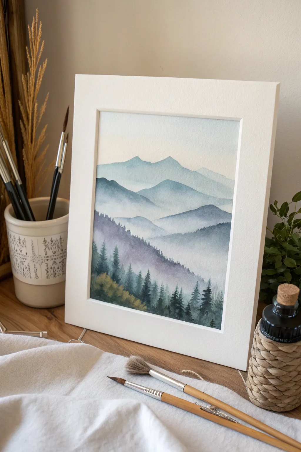 Soft misty mountain spa landscape reference with calm neutrals and minimalist Scandinavian serenity