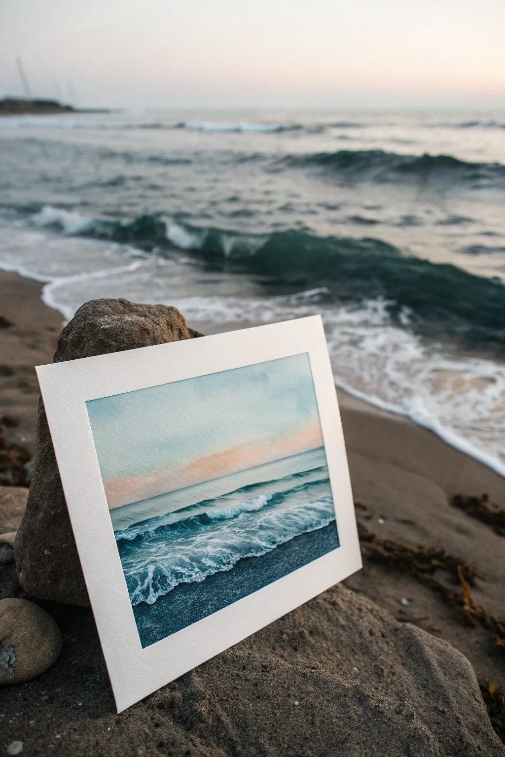 Limited palette seascape: simple waves, clear horizon, and light reflections in 3 colors