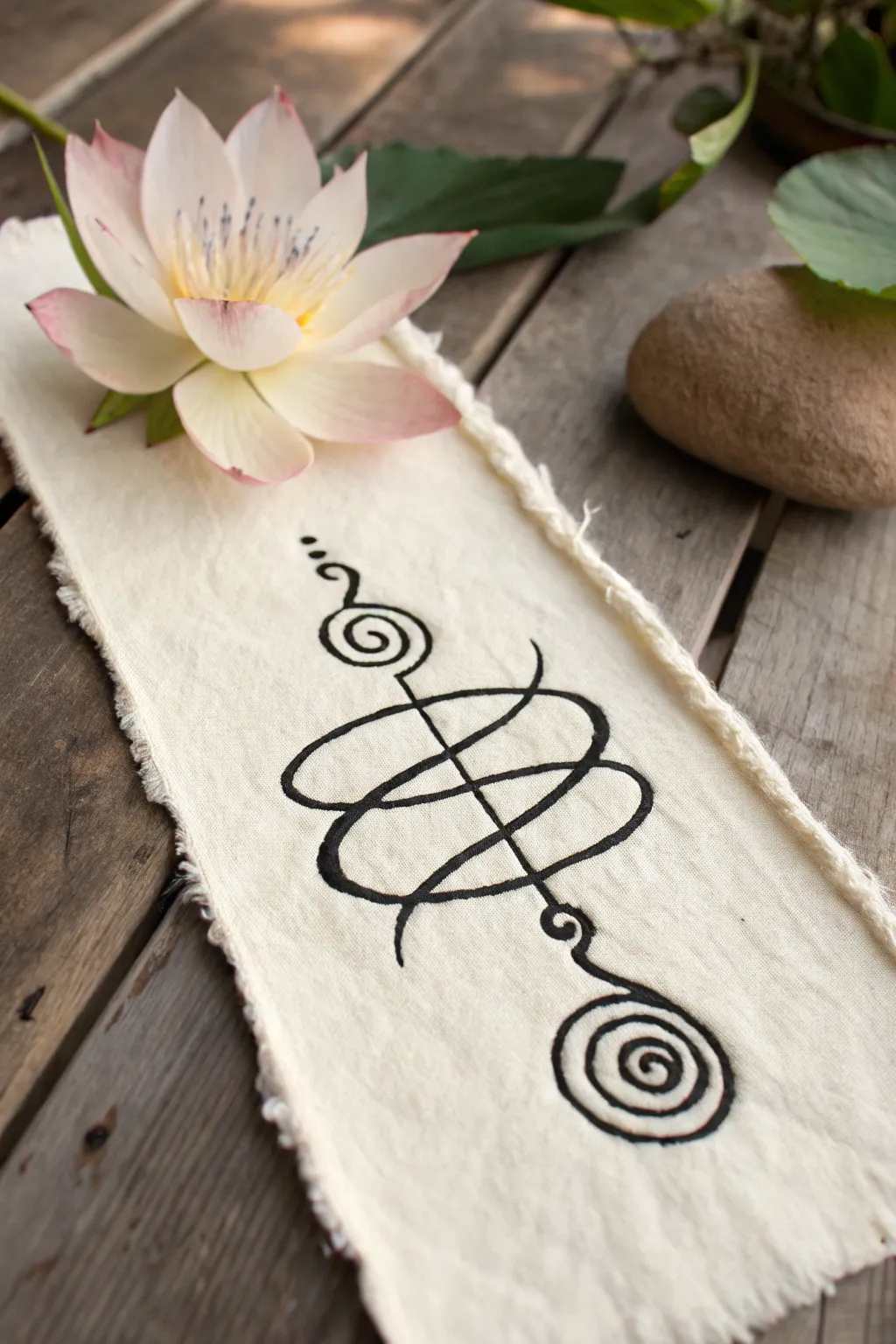 Calm unalome line rising into a tiny lotus, minimalist ink art with soothing negative space.