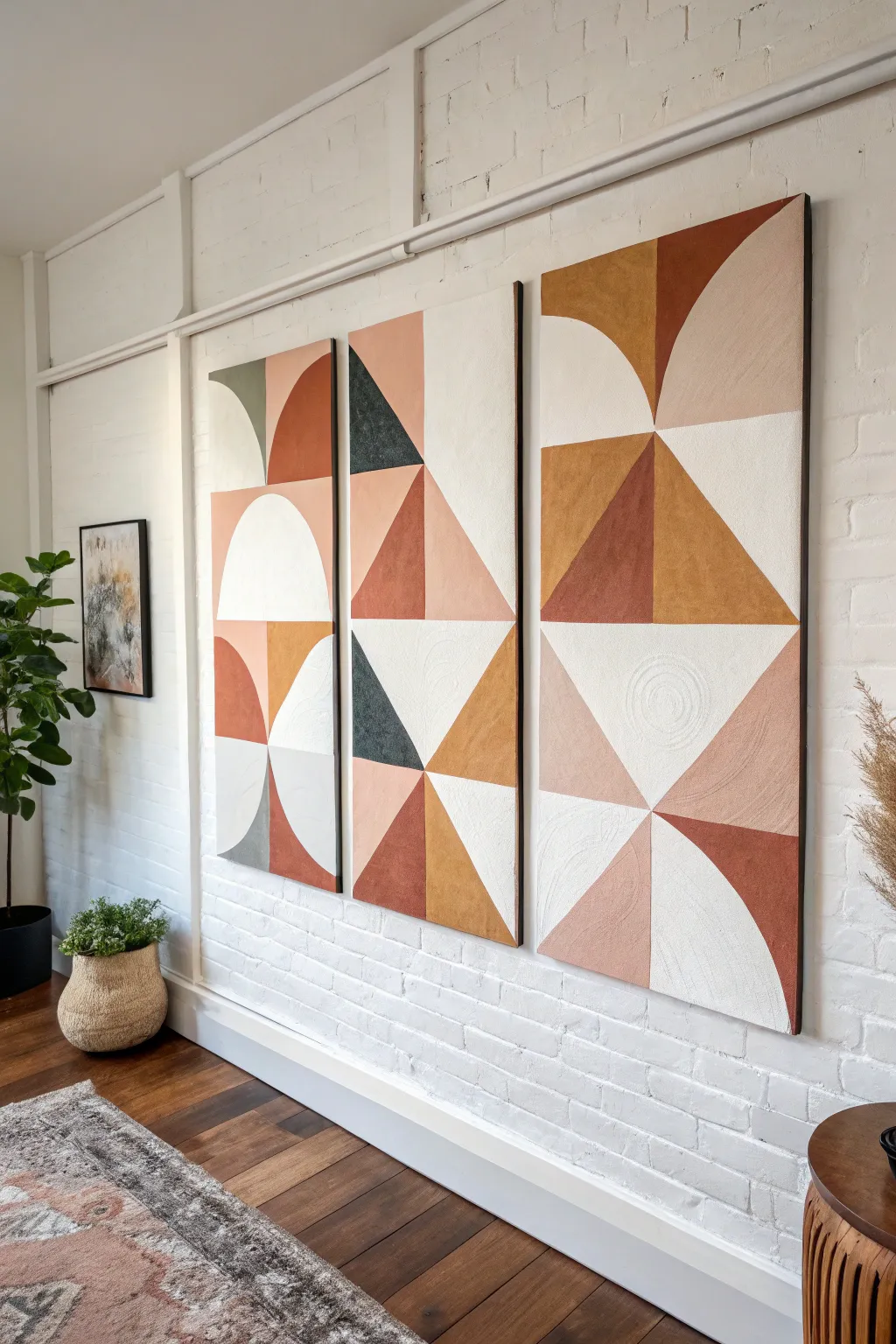 Crisp geometric triptych where shapes leap the gaps for a clean, satisfying alignment.