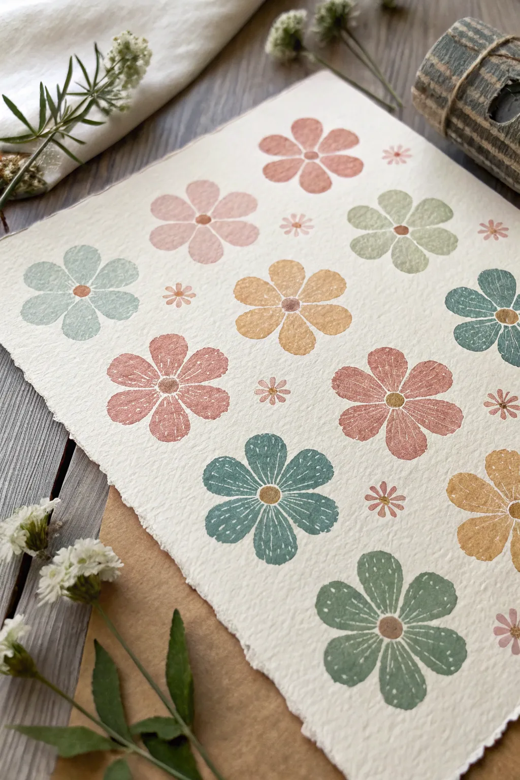Easy sponge-stamped petal flowers in blush, sage, and terracotta for a calm minimalist page.