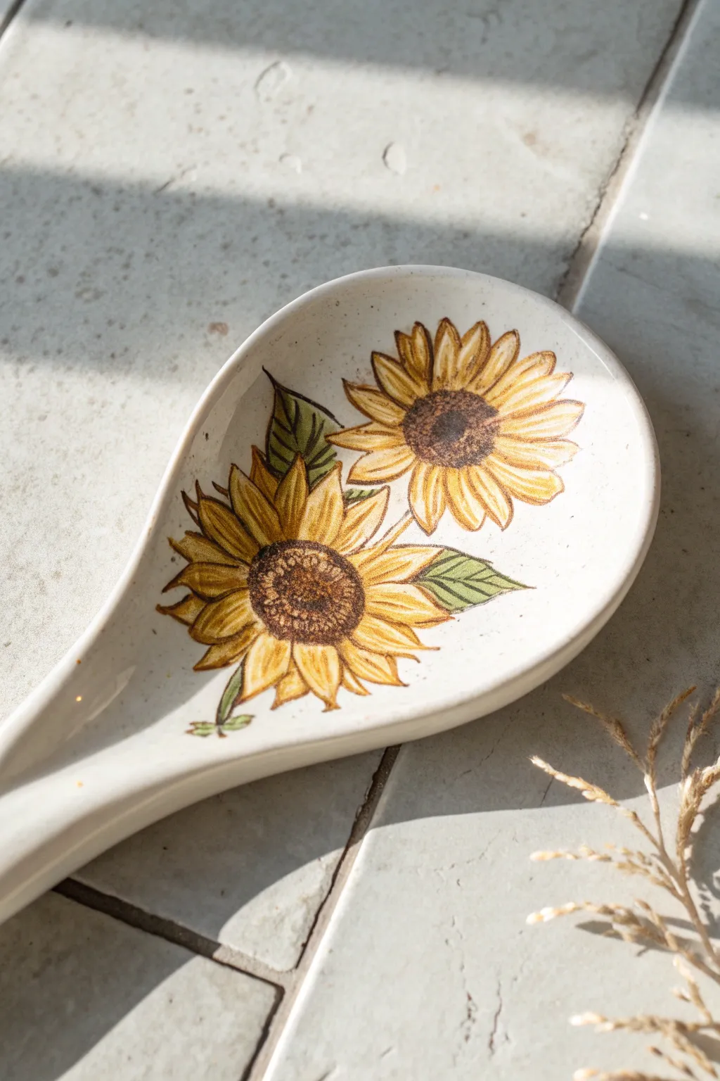 Bring a touch of summer to your kitchen with this radiant hand-painted sunflower spoon rest.