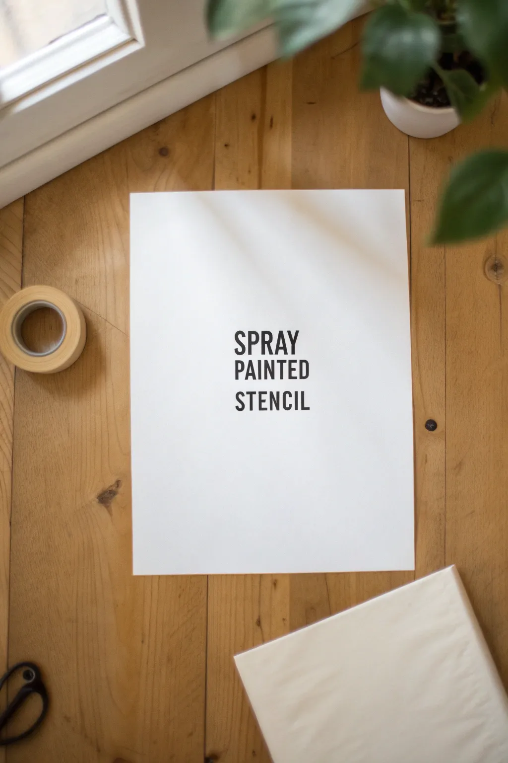 Bold stencil quote poster with spray paint and masking tape for a clean Scandinavian-boho DIY look