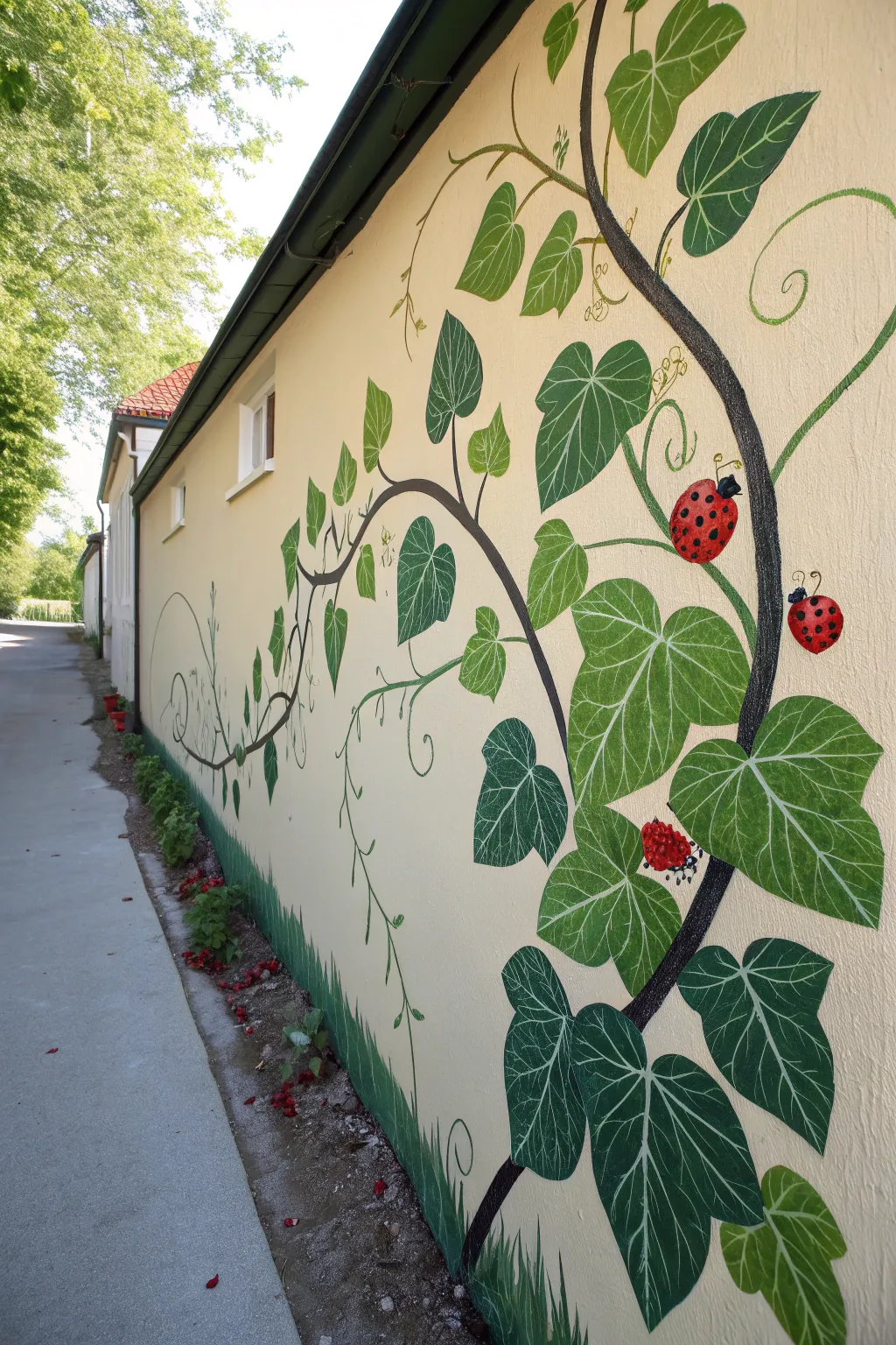 Ladybug Leaf Path mural: bold green leaves, bright red ladybugs, and delicate dewdrop details
