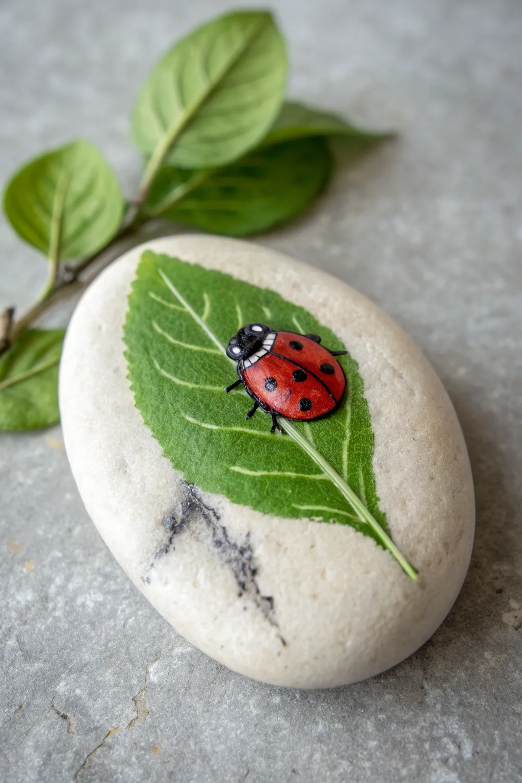 Spring-ready rock art: a bright ladybug on a fresh green leaf, simple and charming.