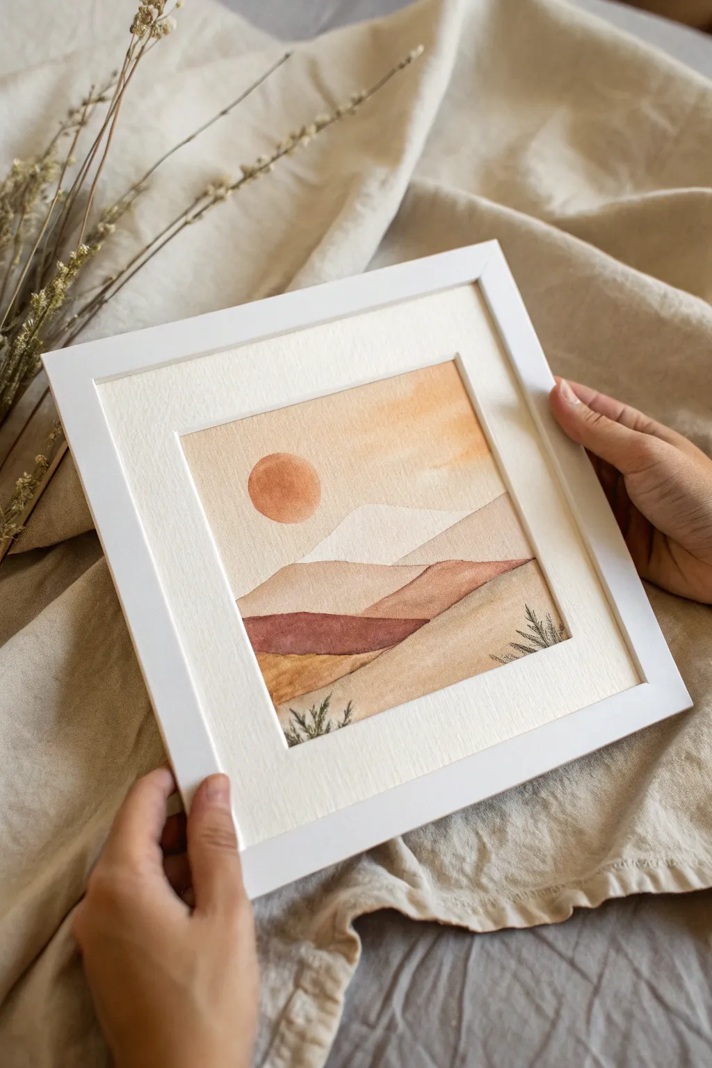 Tape-resist square frame border creates a tiny window scene with crisp, modern contrast.