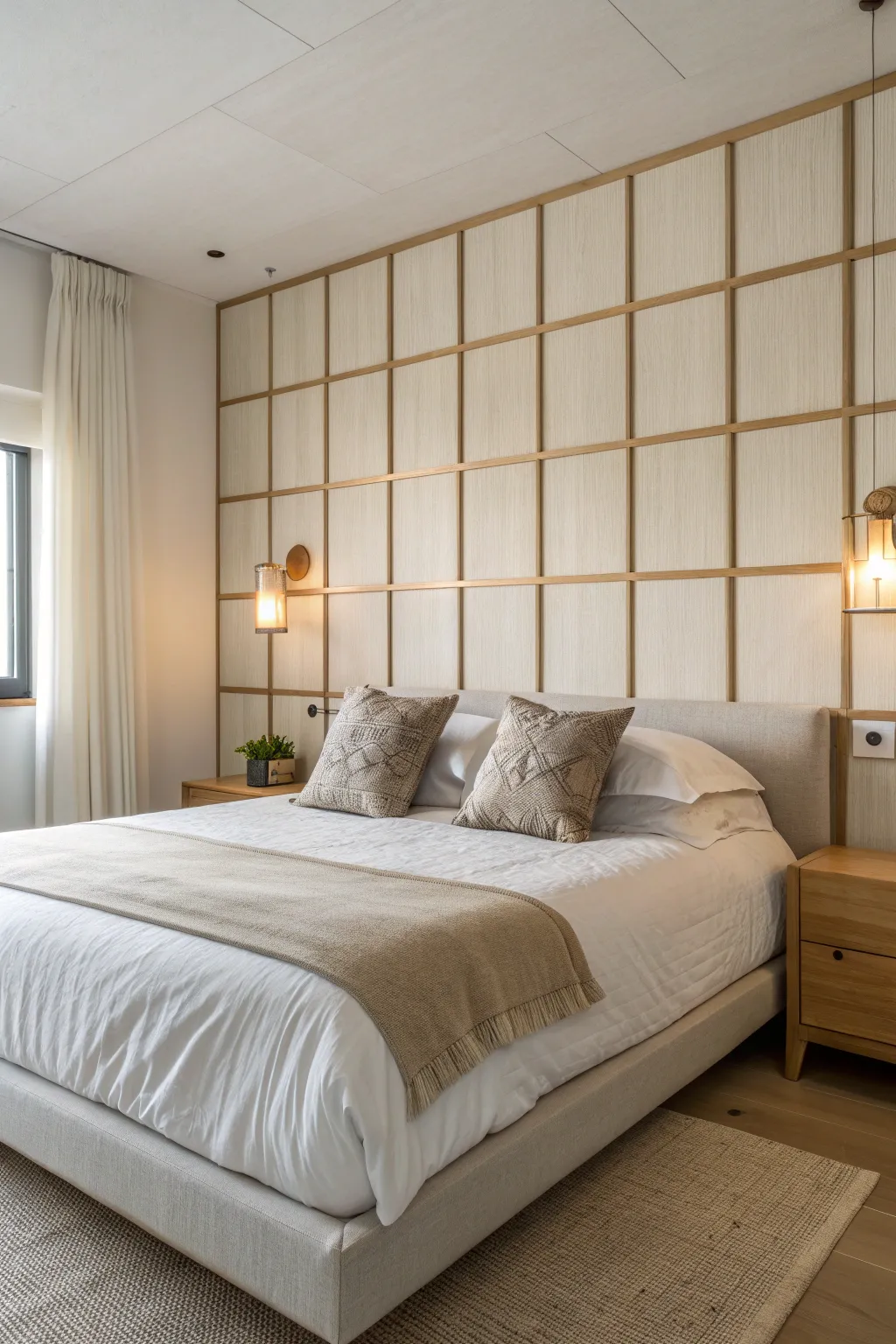 Square panel headboard wall brings calm Scandinavian symmetry and cozy bedside glow.