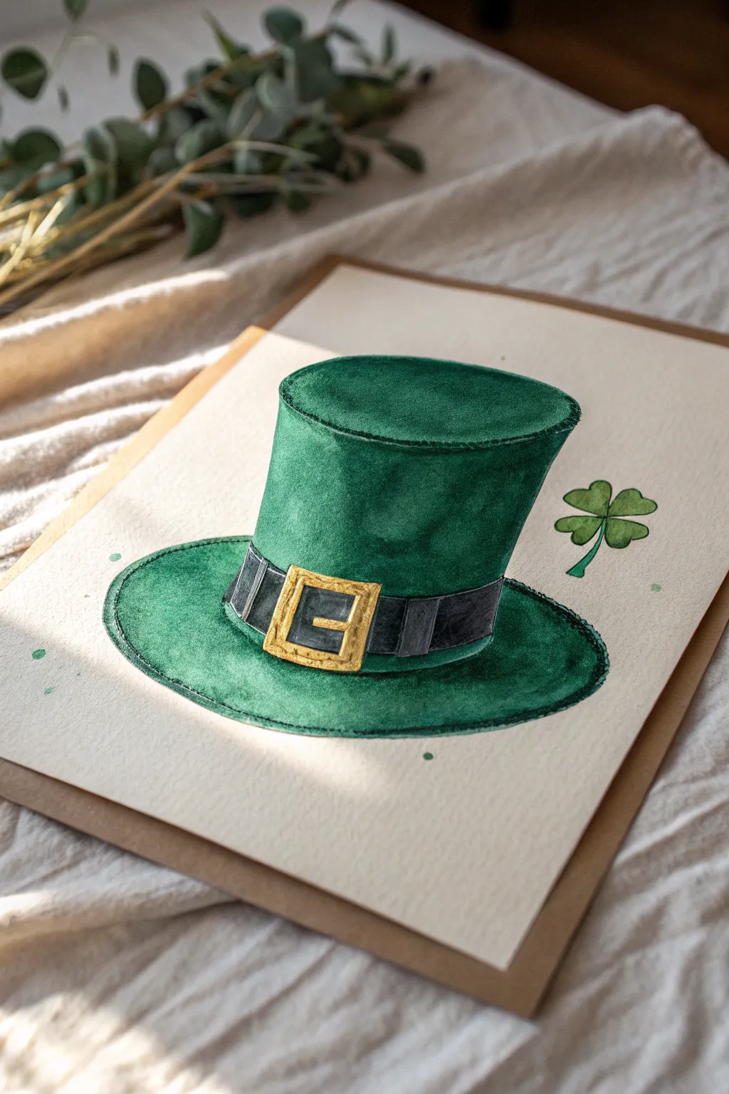 Minimalist emerald top hat with a bold gold buckle and tiny shamrock, crisp and craft-forward