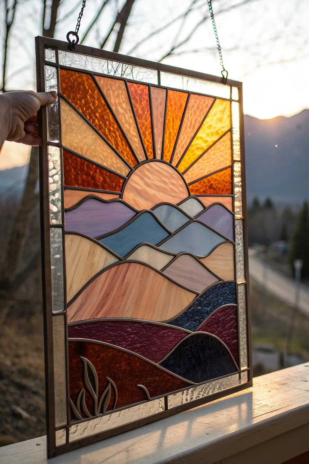 Color-block mountain sunrise stained glass panel in warm morning light, simple and calming.